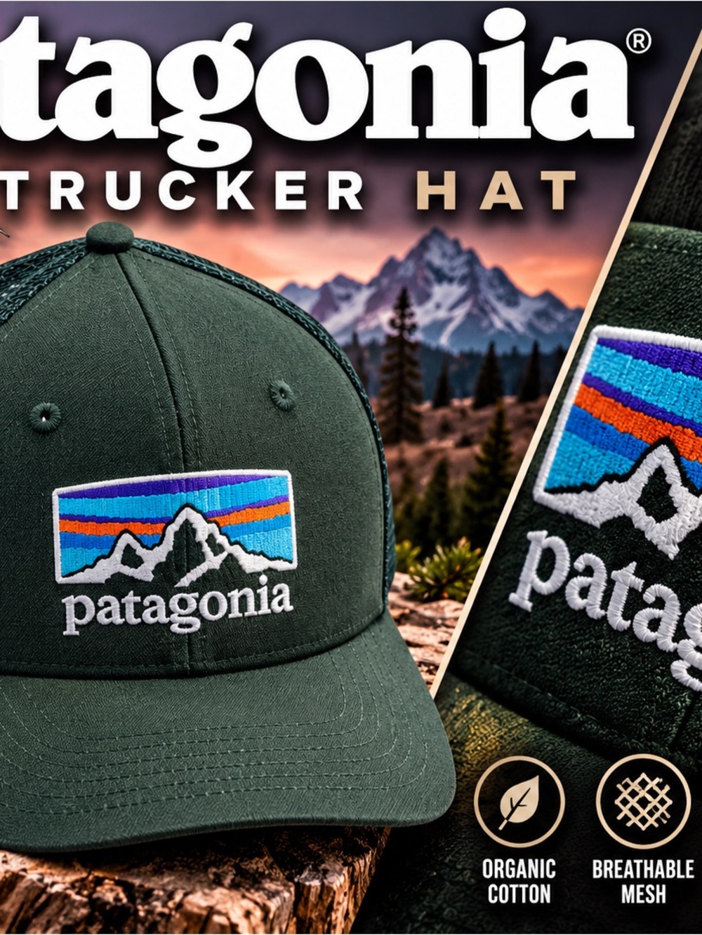 Patagonia Trucker Hat Snapback Green Embroidered Logo Organic Cotton FA21